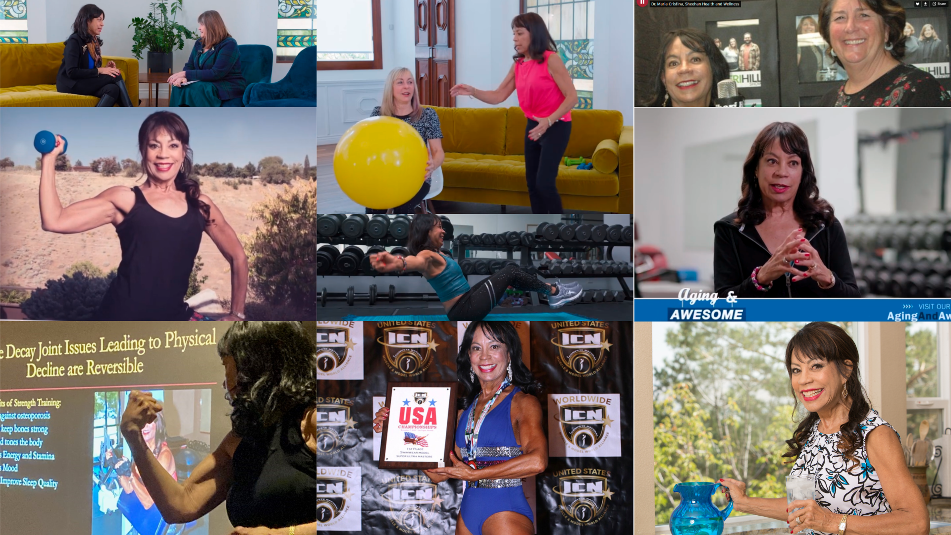 Inline image showing a collage of images featuring Dr. Maria Cristina, Health and Wellness Coach during TV segments, Podcasts and Wellness Workshops